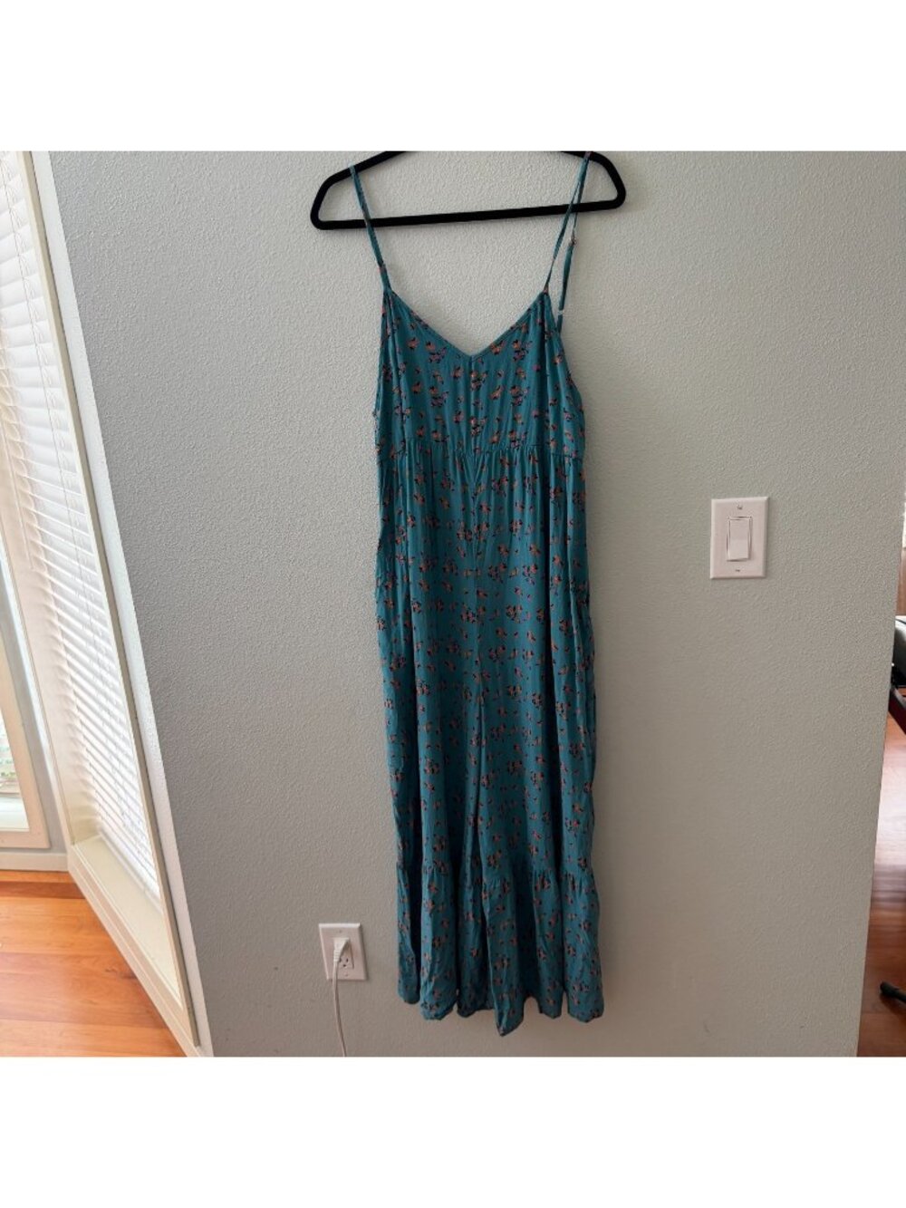Natural Life Wide Leg Palazzo Jumpsuit Womens LARGE Blue Floral Boho Peasant